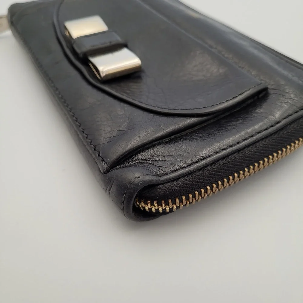 Chloe Black Leather Bobbie Zip Around Wallet Gold Metal Bow Large Long Wallet